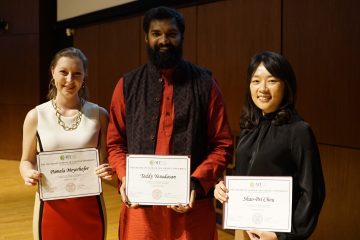 3MT 2019 winners (from left): Pamela Meyerhofer (People's Choice), Teddy Yesudasan (1st place), and Shao-Pei Chou (2nd place). Credit: Phil Wilde