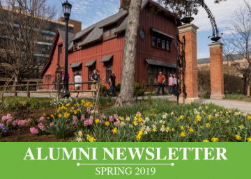 Alumni Newsletter Spring 2019, people walking past Big Red Barn
