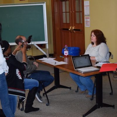 Careers Beyond Academia/BEST participants practice being interviewed about their research in a communication workshop.