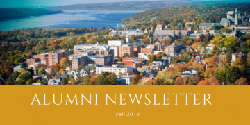Aerial view of Cornell and Cayuga Lake with text, "Alumni Newsletter Fall 2019"