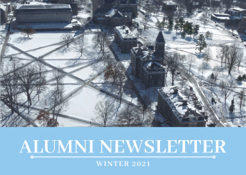 Aerial view of snow-covered Arts Quad on Cornell's Ithaca campus. Text reading, "Alumni Newsletter: Winter 2021"